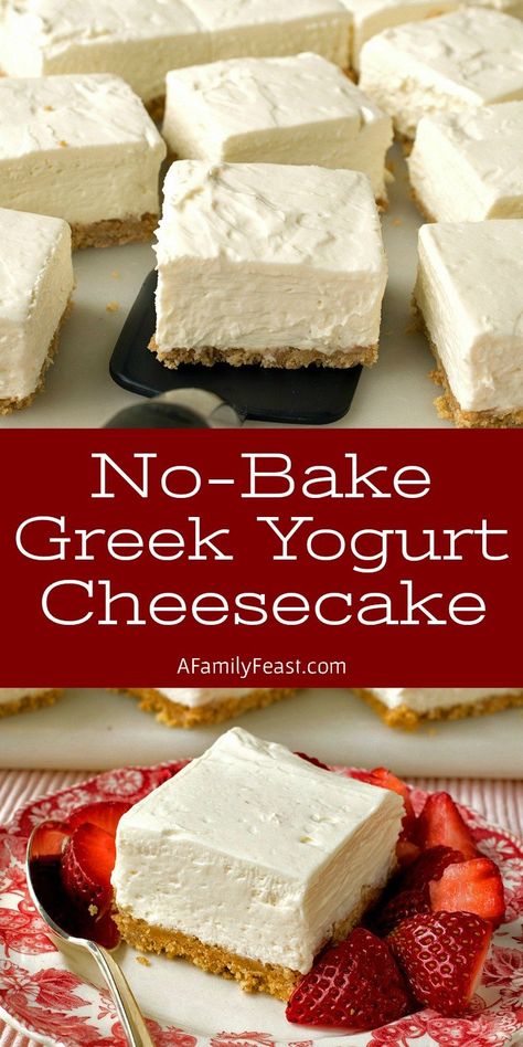 These No-Bake Greek Yogurt Cheesecake Squares are creamy and delicious with a wonderful tangy-sweet flavor thanks to the addition of whole-milk Greek yogurt and cream cheese. Your guests will love this easy dessert! Greek Yogurt Dessert Recipes, Recipes With Greek Yogurt, Yogurt Dessert Recipes, Greek Yogurt Dessert, Low Carb Dessert Recipes, Low Carb Greek Yogurt, Greek Yogurt Cheesecake, Yogurt Cheesecake, Cheesecake Squares