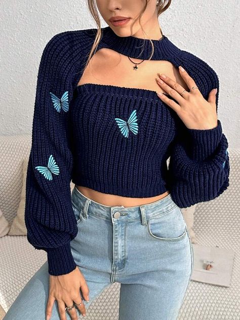 Crop Shrug, Women Clothing, Knit Top, Butterflies, Collar, Wall, Blue