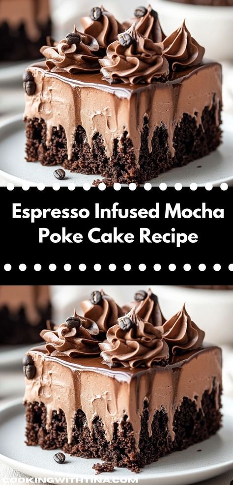 Craving a delightful dessert? This Espresso Infused Mocha Poke Cake Recipe is the perfect treat. Its rich flavors and moist texture make it an irresistible choice for family gatherings or weekend indulgences. Mocha Poke Cake, Mocha Desserts, Mocha Recipes, Espresso Cake, Poke Cake Recipe, Mocha Cake, Quick Dessert Recipes, Poke Cake Recipes, Chocolate Cake Mixes