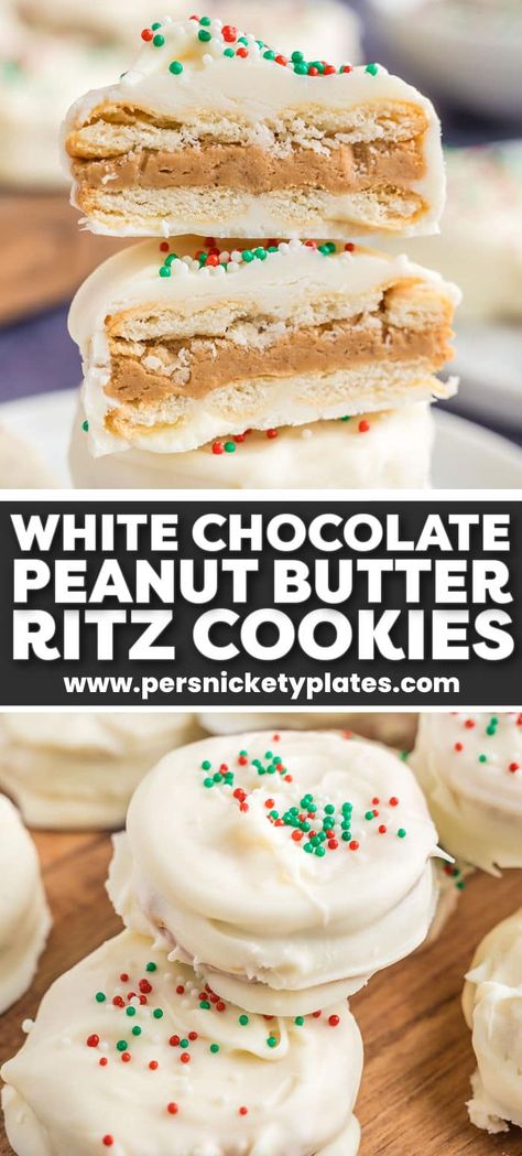 Ritz Dipped In Chocolate Christmas, Ritz And Peanut Butter Cookies, Easy Christmas Cookies Peanut Butter, Ritz Cookies Recipes, Peanut Butter Ritz Crackers White Chocolate, Chocolate Peanut Butter Ritz Cookies, Christmas Peanut Butter Ritz Crackers, Fluffernutter Ritz Cookies, Peanut Butter Ritz Cookies