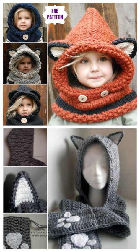 Crochet Wolf Hat Pattern, Crochet Animal Cowl Pattern Free, Crochet Wolf Hat Pattern Free, Fox Hat Crochet Pattern Free, Crochet Hooded Scarf Pattern Free For Kids, Crochet Fox Hood, Free Hooded Blanket Crochet Patterns, Cute Knitted Hats, Crochet Character Hats Free Pattern Kids