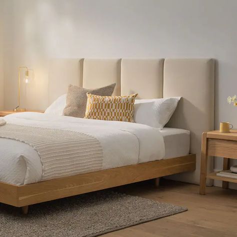 Noel Plush Pacific Taupe King Wall-Mounted 48" Tall Headboard | Article King Bed Light Wood, 2 Beds With One Headboard, Super King Upholstered Bed, Cushion On Bed Ideas, Upholstered Headboard Panels Diy, King Bed Backboard, Add Headboard To Platform Bed, King Bed With No Headboard, King Size Headboard Ideas Fabric