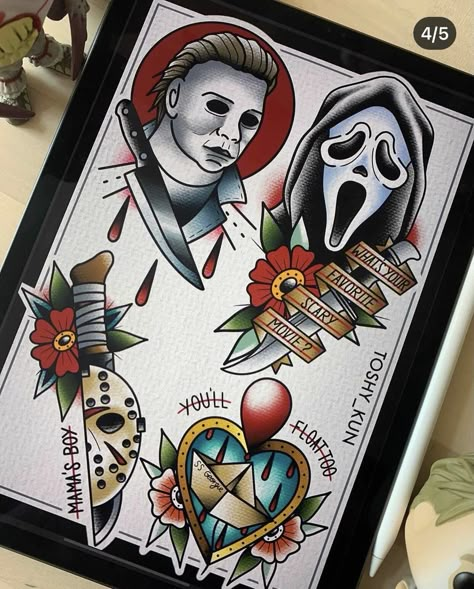 Traditional Horror Tattoo Sleeve, Horror Traditional Tattoo Flash, Michael Myers Traditional Tattoo, Horror Movie Tattoo Flash Sheet, Scream Traditional Tattoo, Neotraditional Horror Tattoo, Horror Themed Tattoos Sleeve, American Traditional Tattoos Horror, Horror Tattoos Traditional