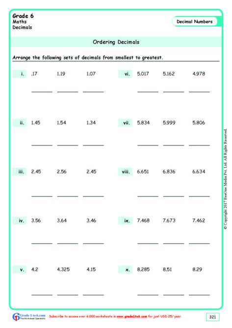 Math Key Words, Decimal Chart, Grade 6 Math Worksheets, Ordering Decimals, Maths Worksheet, Number Worksheet, Decimals Worksheets, Grade 6 Math, School Material