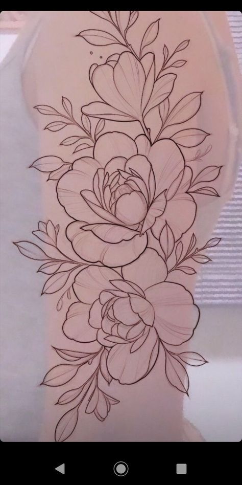 Flower Stencil For Tattoo, Floweral Tattoo Design, Flower Arm Sleeve Tattoo Stencil, Peony Tattoo Stencil Outline, Big Flowers Tattoo, Black Outline Flower Tattoo, Half Butterfly Half Flower Tattoo Drawing, Peony Tattoo Design Drawing, Tattoo Flower Stencil