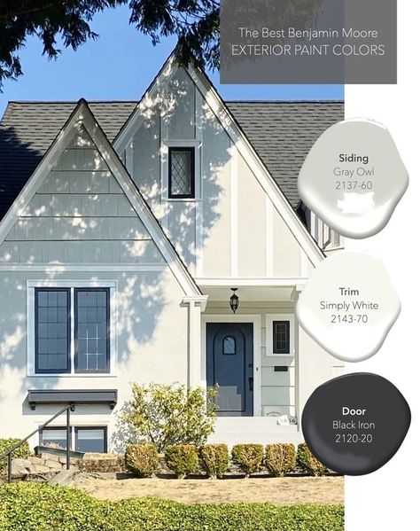 Exterior paint colors, color schemes, black front door, two tone, Benjamin Moore, Gray Owl 2137-60, Simply White 2143-70, Black Iron 2120-20 Gray Owl Exterior, Exterior Painted Brick House, Benjamin Moore Exterior Paint Colors, Best Exterior Paint Colors, Benjamin Moore Exterior Paint, Outdoor Paint Colors, Benjamin Moore Exterior, Tudor Home, Gray House Exterior