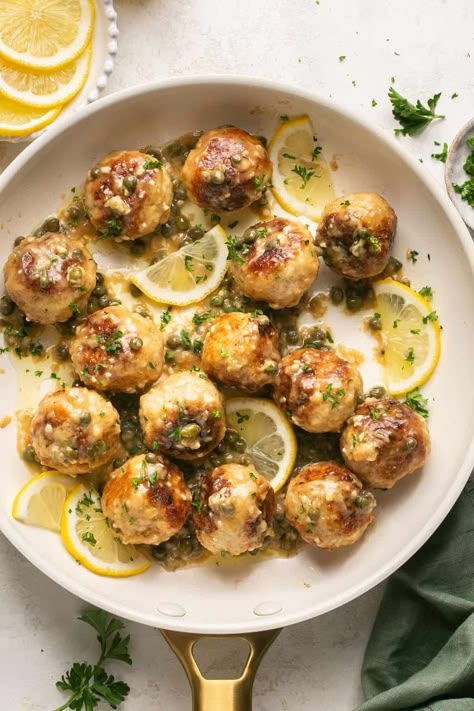 Chicken Picatta Meatball Recipe, Chicken Piccata Meatballs, Erin Lives Whole, Healthy Green Bean Casserole, Chicken Parmesan Meatballs, Meatball Dinner, Caper Sauce, Baked Chicken Parmesan, Chicken Piccata