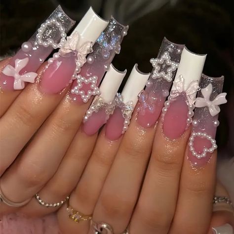 Color Tone: Mixed Color System Nail Shape: Square Shape Nail Length: Long Nail Pattern: Heart,Star Nail Finishes: Glossy Junk Nails, Long Square Nails, Long Nail Designs, Girly Acrylic Nails, Hello Kitty Nails, Really Cute Nails, Unique Acrylic Nails, Long Acrylic, Nail Styles