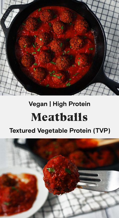 These vegan meatballs are cheap, easy to make, and are packed with plant-based protein. They have an incredibly meaty texture, thanks to textured vegetable protein (TVP), and will taste great with your next pasta dinner or in a meatball sub. #tvp #vegan #meatballs #pantrystaples #veganmeatballs #texturedvegetableprotein #highprotein #plantbasedprotein Textured Vegetable Protein Recipes, Meat Free Protein Sources, No Meat Protein Sources, High Protein Vegan Meatballs, Sources Of Protein Other Than Meat, Textured Vegetable Protein, Plant Based Complete Protein, Tvp Recipes, Vegan Protein Recipes