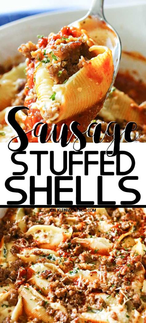 Loaded with spinach, garlic, sausage, ricotta & smothered in marinara sauce, these Stuffed Shells make a great easy family dinner idea that everyone loves. Stuffedshells Cheese, Meat Stuffed Shells, Italian Sausage Stuffed Shells, Sausage Stuffed Shells, Sausage Ricotta, Stuffed Shells With Meat, Easy Stuffed Shells, Sausage Marinara, Stuffed Shells Ricotta