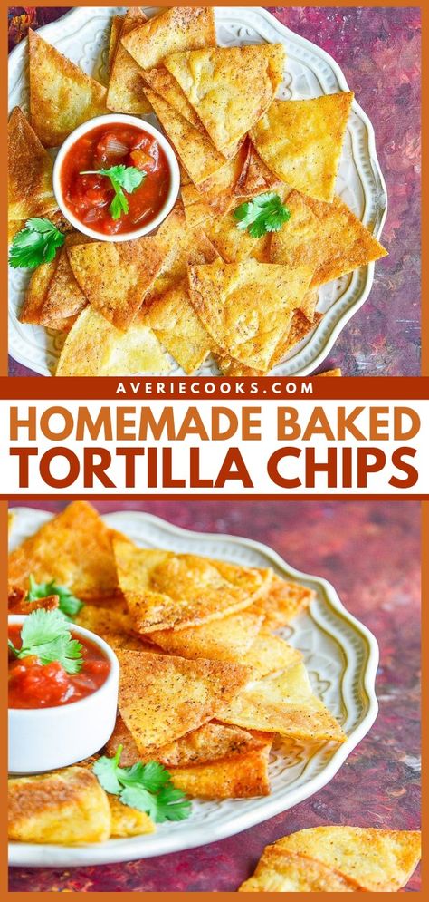 How to Make Tortilla Chips (Baked Not Fried!) - Averie Cooks Tortilla Chips Recipe, Tortilla Chip Recipe, Baked Tortilla Chips, Easy Salsa Recipe, Scratch Cooking, Homemade Corn Tortillas, How To Make Tortillas, Homemade Tortilla Chips, Averie Cooks