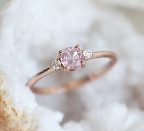 Soft Pink Sapphire Ring Three Stone Round Sapphire Diamond | Etsy Lavender Sapphire Engagement Ring, Pink Stone Engagement Rings, Lavender Sapphire, Pink Sapphire Diamond Ring, Engagement Ring Three Stone, Pink Wedding Rings, Pink Diamond Engagement Ring, Pink Stone Rings, Pink Engagement Ring