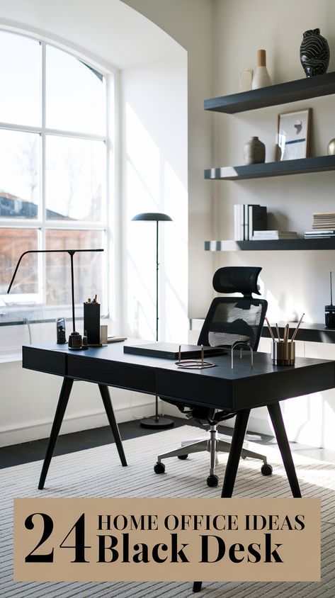 Discover 24 home office ideas black desk styles to inspire your workspace Black Office Desk Decor, Office Ideas Black Desk, Black Desk Ideas, Home Office Ideas Black Desk, Home Office Ideas Black, Office Ideas Black, Home Office Black Desk, Office Masculine, Best Home Office Ideas