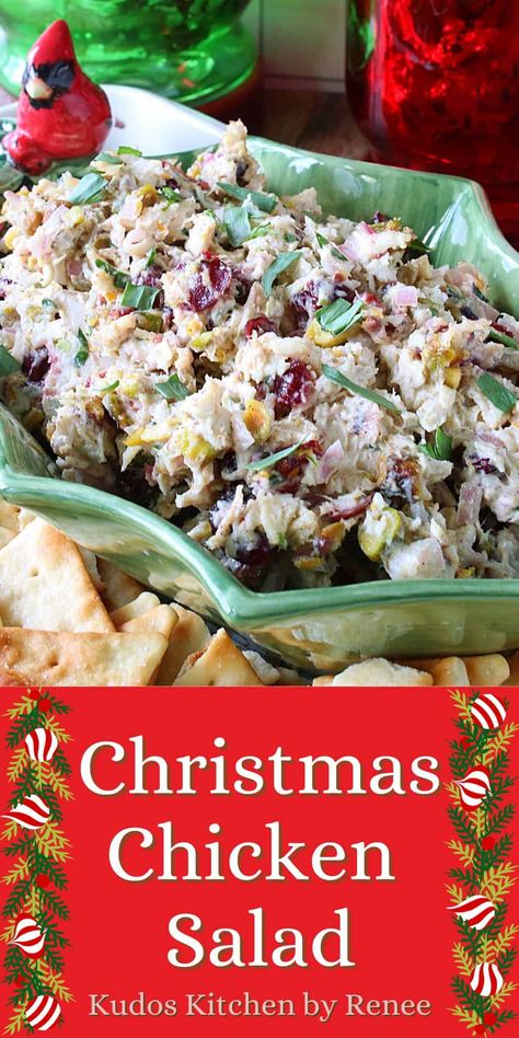 You may think that with a name like Christmas Chicken Salad, you can only make and serve this delicious chicken salad for the holidays. Not so. You'll want to serve it any time of the year. It's THAT good!! #chickensalad #christmaschickensalad #christmasappetizers #christmasrecipes #cranberryorangechickensalad #cranberrypistachiochickensalad #nocookchickensalad #rotisseriechickensalad Holiday Chicken Salad, Christmas Party Salad Ideas, Christmas Chicken Salad, Roasted Chicken Salad Recipe, Cranberry Chicken Salad Recipe, Chicken Salad With Cranberries, Chicken Salad Appetizer, Christmas Salad Recipes, Cranberry Chicken Salad