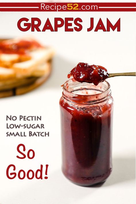 Grape Jam Without Pectin, Small Batch Grape Jam, Red Grape Jam, Grape Freezer Jam Recipe, Freezer Grape Jam, Grape Jam Recipe Homemade, Grape Jelly Recipe No Pectin, Grape Jam Recipe No Pectin, Grape Jelly Recipe