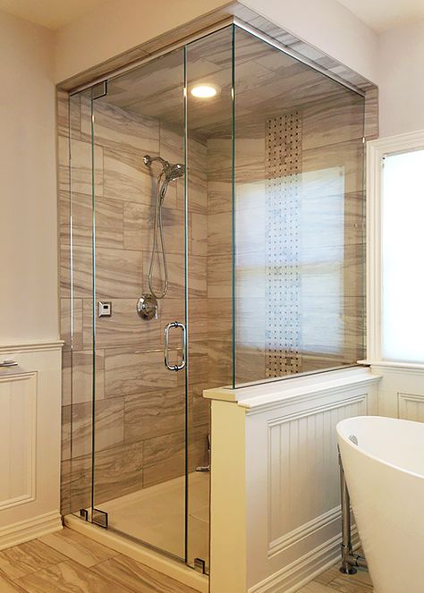 Two Fixed Panels, Single Door, and Side Return - Manalapan, NJ | ShowerMan.com Shower With Knee Wall, Shower Door Glass, Frameless Glass Doors, Knee Wall, Shower Bathtub, Shower Box, Half Walls, Side Return, Shower Glass