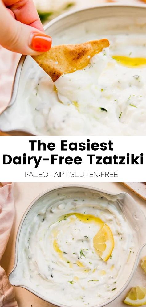 Gluten Free Pita Chips, Gluten Free Pita, Dairy Free Dips, Dairy Free Sauces, Dairy Free Appetizers, Unbound Wellness, Tzatziki Sauce Recipe, Vegan Tzatziki, Homemade Tzatziki Sauce