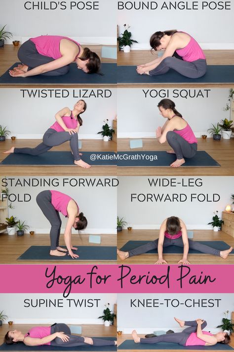 If you don’t always feel your best around the time of your period, these poses can help to relieve back pain and cramping and settle any irritation in the mind brought on by PMS.  For guidance you can follow the full video on YouTube @katiemcgrathyoga it takes just 30-minutes. Stretches On Period, Yoga To Relieve Period Cramps, Pose For Period Cramps, Poses To Relieve Period Cramps, Period Relief Yoga, Yoga Poses During Periods, Exercise In Period Time, Yoga Poses To Relieve Period Cramps, Yoga For Your Period