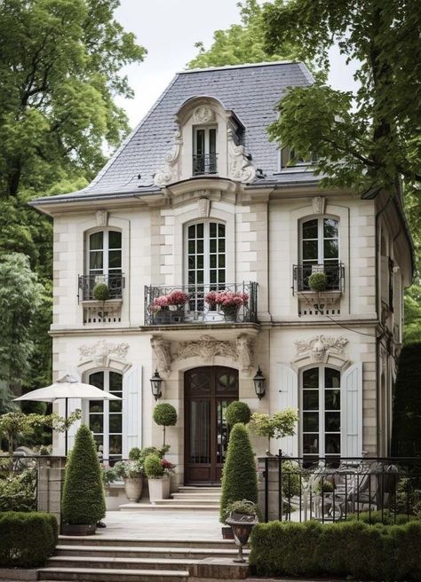 French Style Townhouse, Parisian Exterior Design, French Suburban House, French Mansard House, Small French Chateau Floor Plans, French Provincial Architecture, Paris House Aesthetic, Elegant Exterior House, Small French House