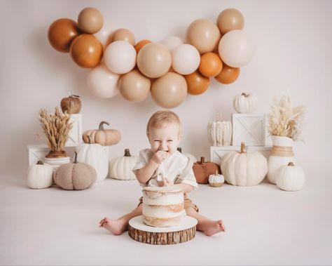 Pumpkin Birthday Photoshoot, Pumpkin Cake Smash Photoshoot, November 1st Birthday Photo Shoot, Fall Photography Studio, Fall 1 Year Photoshoot, 1st Birthday Boy Themes Fall, Pumpkin Cake Smash 1st Birthdays, Neutral 1st Birthday Photoshoot, October First Birthday Photoshoot