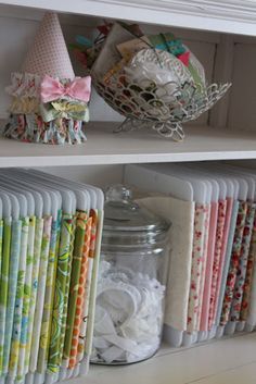 If I had stacks of material, this is exactly how I would want to store them! Dollar Store Organizing Ideas, Sewing Storage, Dream Craft Room, Sewing Room Organization, Dollar Store Organizing, Organize Fabric, Craft Room Storage, My Sewing Room, Creation Couture