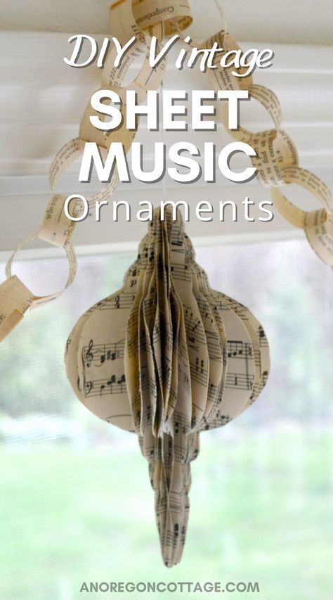 Make stunning Christmas ornaments from sheet music with this easy tutorial! Simply trace the included patterns onto found or printed sheet music, staple, glue, and hang. Best of all, they last year to year with thoughtful packing. Hymnal Crafts, Sheet Music Ornaments, Music Christmas Ornaments, Sheet Music Crafts, Music Christmas, Honey Diy, Music Ornaments, Easy Christmas Ornaments, Christmas Sheet Music