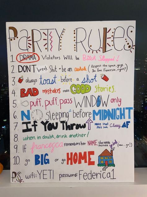 Cute 24th Birthday Ideas, What To Do On Your Thirteenth Birthday, Mens 21st Birthday Games, 21 Birthday Party Activities, Party Rules Poster Funny, 21st Birthday Sleepover, Party Rules Poster, 21 Birthday Theme Ideas Parties, 21st Birthday Activities