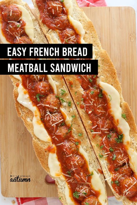 French Bread Meatball Sandwiches are an easy weeknight dinner recipe you can make in under 30 minutes! Breaded Meatballs, Meatball Sandwich Recipes, Easy French Bread, Meatball Sandwiches, French Bread Loaf, Perfect Meatballs, Meatball Sandwich, Sandwich Bread Recipes, Meatball Subs