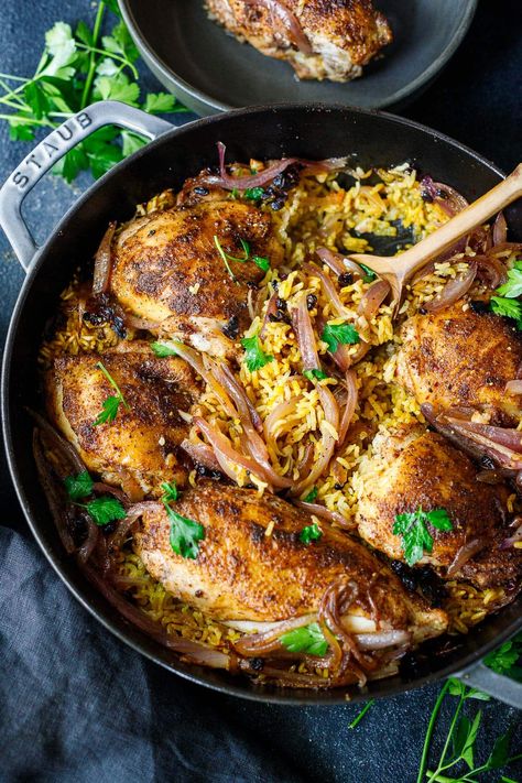 This Persian Chicken recipe is so fragrant and comforting! An easy, one-pan meal with Baharat-spiced chicken and saffron basmati rice. Persian Chicken, Spiced Chicken, Saffron Rice, One Pan Dinner, Walnut Salad, Seasoned Rice, Chicken Spices, Persian Food, One Pan Meals