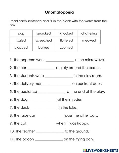 Alliteration Worksheet, Onomatopoeia Worksheets, Onomatopoeia Activities, English Language Learning Activities, 7th Grade English, Figurative Language Activity, Spelling Homework, Figurative Language Worksheet, Speech Therapy Tools