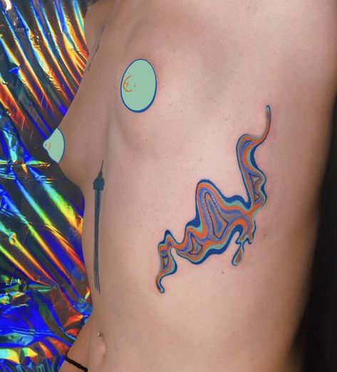 Tattoo Over Large Scar, Physcadelic Tattoo, Hyperpop Tattoo, Colorful Abstract Tattoo, Colorful Patchwork Tattoos, Colored Line Tattoo, Hypnotic Tattoo, Psychadelic Tattoo Ideas, Colored Ink Tattoos