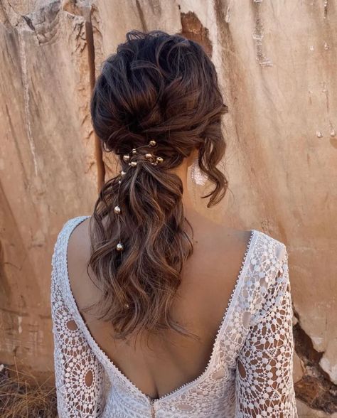 Bridal Ponytail With Hairpiece, Low Braid Wedding Hair, Wedding Hair Beads, Wedding Pony Hairstyles, Wedding Hairstyles For Low Back Dress, Bridesmaid Hair Side Pony, Bridal Hair Pony, Low Pony Bridal Hair, Low Pony Wedding Hairstyles