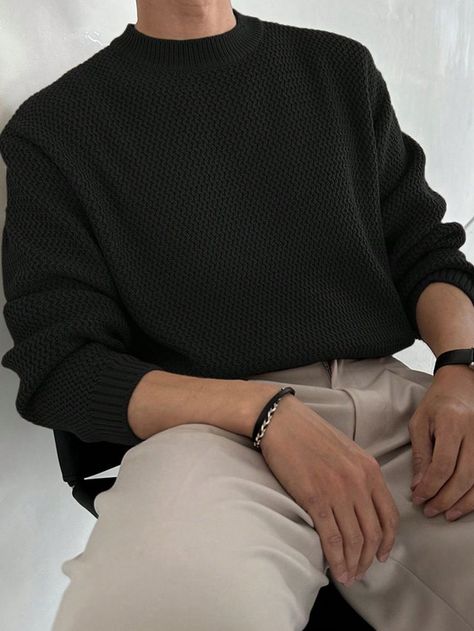 Men’s Goth Fashion, Mens Teacher Outfits, Black Sweater Outfit Men, Dark Style Men, Dark Academia Style Men, Black Sweater Men, Mens Style Casual, Black Sweater Outfit, Sweater Outfits Men#MensOutfitAesthetic #AestheticOutfitsMen #FashionAestheticMen #MensStyleInspo #OutfitInspo #AestheticMenswear Mens Winter Clothing Styles, Mens Closet Essentials, Black And White Business Casual Men, Men's Turtleneck Outfits, Fall Sweaters Men, Nerdy Black Men, Sweater With Collared Shirt Mens, Minimalistic Mens Fashion, Sweaters Men Outfit