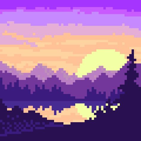 Landscape Pixel Art 32x32, 8 Bit Landscape, Pixel Art 32x32 Grid Landscape, Landscape Pixel Art Easy, Scenery Pixel Art, Pixel Landscape Art, Pixel Mountain, Sky Pixel Art, 50x50 Pixel Art