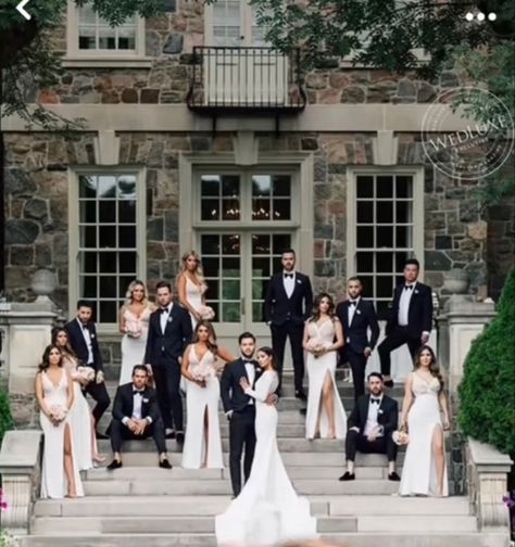 Unique Family Wedding Photos Group Shots, Wedding Poses For Family Group Photos, Wedding Party Photos Stairs, Wedding Party Stairs Photo, Serious Wedding Party Photos, Wedding Pictures On Stairs, Wedding Photos Height Difference, Bridal Party Stairs Photos, Fun Group Wedding Photos