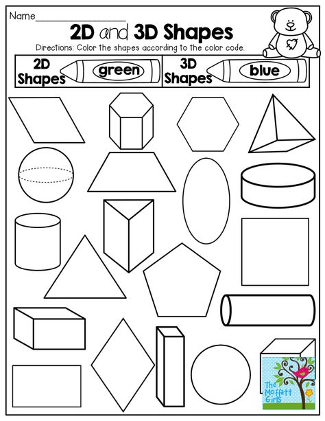 2-D and 3-D Shapes! Color by the code!  Tons of fun printables! 2 And 3 Dimensional Shapes Activities, Sorting 2d And 3d Shapes, 2d Vs 3d Shapes, 3d And 2d Shapes, 2 D Shapes, Compound Shapes, 3d Shapes Kindergarten, Shape Worksheet, 2d 3d Shapes