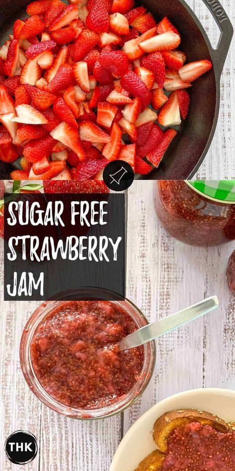 A simple strawberry jam recipe without pectin! It's sugar free, easy to make, freezer friendly, and super quick. This delicious jam is healthy with a protein dense boost! Sugar Free Freezer Jam, Strawberry Jam No Pectin, Strawberry Jam Recipe Without Pectin, Sugar Free Strawberry Jam, Easy Jam Recipe, Easy Strawberry Jam, Low Sugar Jam, Making Jam, Vegan Dips