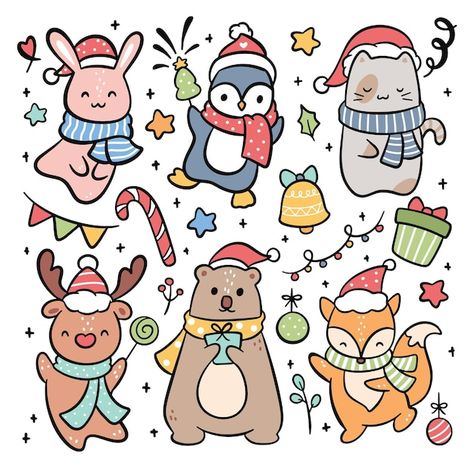 Premium Vector | Fantasy abstract concepts colorful vector graphics elements and doodle illustrations Christmas Animal Doodles, Animal Vector Illustration, Doodle Illustrations, Animal Vector, Art Kawaii, Kawaii Christmas, Animal Doodles, Christmas Card Art, Food Product