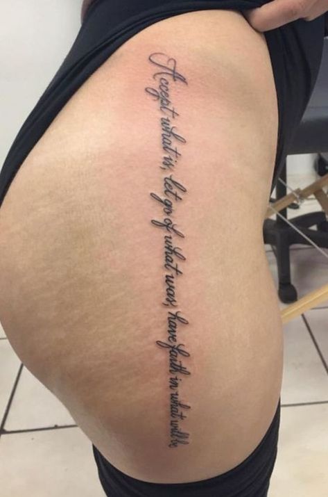 Tattoos Of Quotes For Women, Word Tattoo Down Side Of Leg, Scripture Sleeve Tattoos For Women, Lost And Found Tattoo, Tattoos Of Strength For Women, With Pain Comes Strength Tat, Inspired Tattoos For Women, Rib Cage Tattoos For Women Quotes, Trampstamps Tattoo