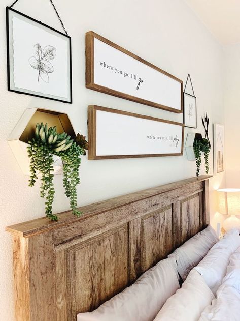 Above Bed Greenery Decor, Decor Behind Master Bed, Ideas For Above Headboard, Behind Bed Decor Ideas, Boho Bedroom Wall Decor Above Bed, Picture Wall Above Bed, Above Bed Wall Decor Master, Above Bed Decor Master Farmhouse, Above The Headboard Decor Ideas