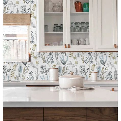 Lark Manor Ailun Peel & Stick Floral Roll | Wayfair Wallpaper In Pantry, Wallpaper In Kitchen, Greenery Installation, Wallpaper Backsplash, Lake Kitchen, Wallpaper Kitchen, Wild Garden, Wallpaper Walls Decor, Wallpaper Rolls