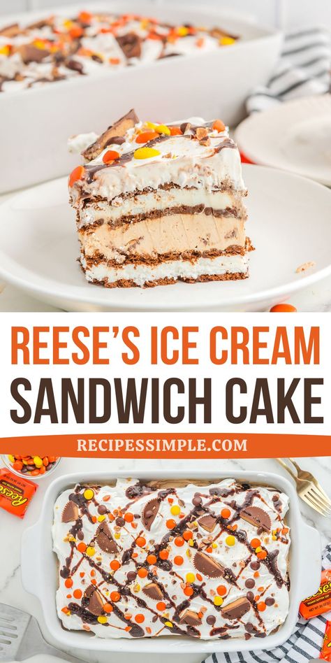 This Reese's Ice Cream Sandwich Cake is an easy frozen dessert recipe. It has layers of vanilla ice cream sandwiches, rich peanut butter cream cheese filling, and colorful candy toppings. Ice Cream Cake Ice Cream Sandwiches, Ice Cream Cake Peanut Butter, I E Cream Sandwich Ice Cream Cake, Ice Cream Sandwich Cakes, Reese’s Ice Cream Cake, Ice Cream Cakes Homemade, Ice Cream Cake Birthday, Chocolate Ice Cream Cake Recipe, Easy Ice Cream Sandwich Cake