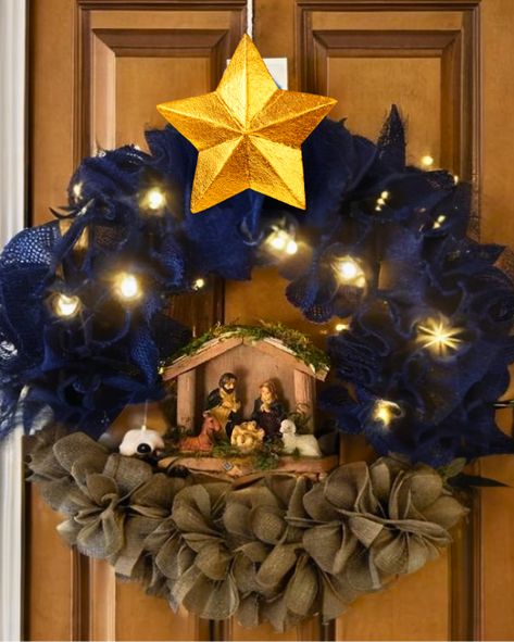 DIY Christmas Wreaths for Front Door - DIY Cuteness Diy Nativity Wreath, Navy Blue Christmas Wreath Ideas, Blue Christmas Wreath Ideas, Christmas Ribbon Wreath Diy, Manger Wreath, Winter Wreaths For Front Door Diy, Christmas Wreaths For Front Door Diy, Christmas Nativity Wreath, Nativity Scene Wreath