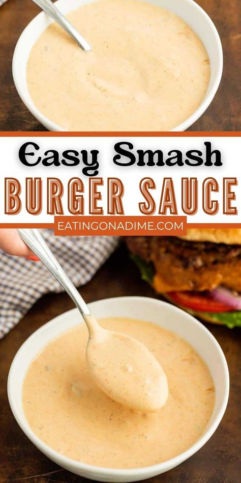 Delicious Smash Burger Sauce is a tasty addition to all your burger recipes. It is easy to make and you only need a few staple ingredients. Anytime we make Air Fryer Hamburgers this burger sauce is just as important as the pickles and lettuce when serving. We keep it stocked in our fridge as my kids use it as a dipping sauce to many fried foods. #eatingonadime #smashburgersauce #easyrecipe Smashburger Sauce, Smashburgers Recipe, Smash Burger Sauce Recipe, Smash Burger Sauce, Air Fryer Hamburgers, Best Burger Sauce, Secret Sauce Recipe, Homemade Burger Recipe, Bbq Foods