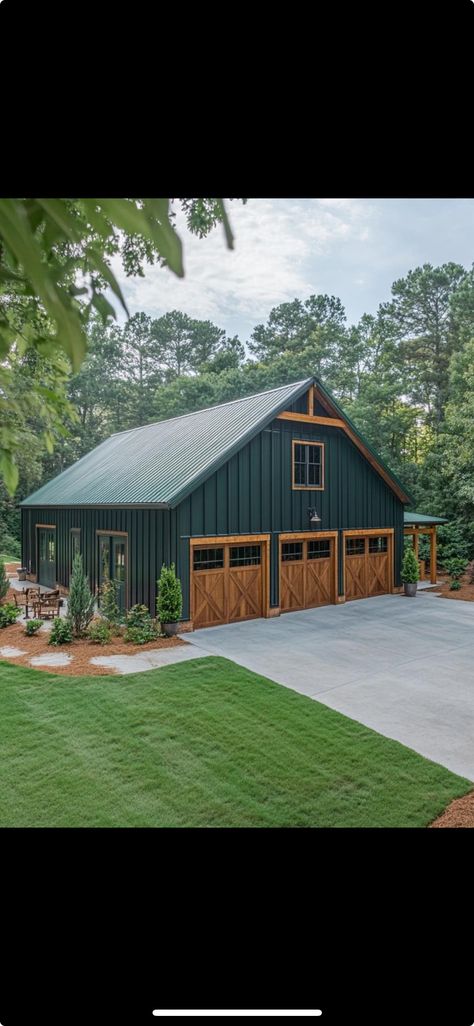 Barn Garage Ideas, Small Pole Barn, Green Barn, Barn Shop, Barn Garage, Wood Shed, Barn Board, Horse Barn, Pole Barn