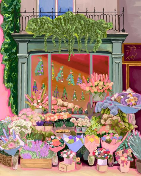 Rebecca Elizabeth | Illustrator 🎨🦋🌸 | I think this might be one of my new favourite illustrations ! 💐🌼🌸🪻🌻🌹🌺 all of the flowers! I had so much drawing this one, I’ve done a… | Instagram Flower Shop Illustration, Bunches Of Flowers, Flowers Outside, The Romantics, New Illustration, Building Illustration, French Bakery, Shop Illustration, Beach Wallpaper