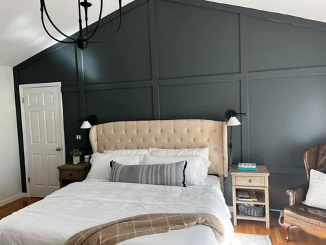 Accent Wall Peaked Ceiling, Accent Wall Bedroom Cathedral Ceiling, Board And Batten Wall Angled Ceiling, Vaulted Master Accent Wall, Board And Batten Wall Bedroom Angled Ceiling, Gauntlet Gray Accent Wall Master Bedrooms, Master Remodel, Bedroom Accent Wall, Bedroom Accent