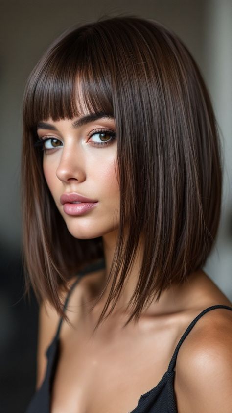 a line cut for a modern look Med Bob Hairstyles Shoulder Length, Med Bob Hairstyles, Shoulder Length Hairstyles For Fine Hair, Lob Haircut With Side Bangs, Lob With Side Swept Bangs, Bob Hairstyles Shoulder Length, Midlength Haircuts With Bangs, A Line Lob, Haircuts Front And Back