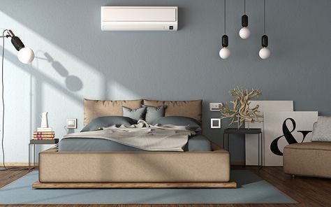 A mini split air conditioner on the wall inside a bedroom Bedroom Air Conditioner, Garage Workshop Plans, Garage Design Interior, Hot Tub Designs, Workshop Plans, Bed Furniture Design, Above Bed, Bedroom Furniture Design, Garage Design