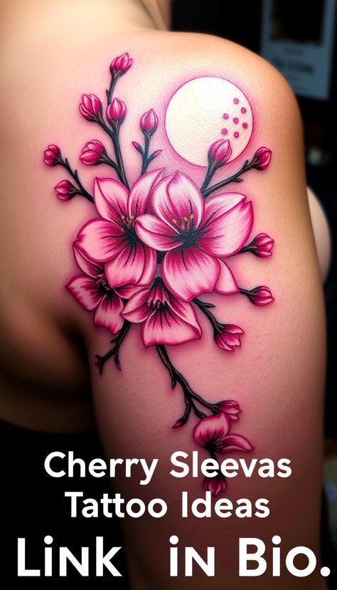 Get inspired by cherry blossom tattoo ideas that capture the fleeting beauty of nature. Perfect for those who love delicate floral designs. Cherry Blossom Chest Tattoo, Japanese Cherry Blossom Tattoo Shoulder, Cherry Blooms Tattoo, Cherry Flower Tattoo, Bae Tattoo, Cherry Blossom Tattoo Ideas, Cherry Blossom Tattoo Shoulder, Bloom Tattoo, Cherry Blooms